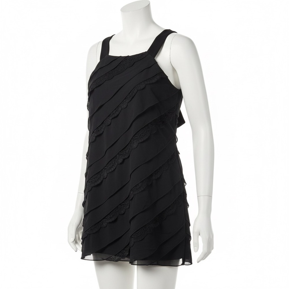 WHBM Mini Dress Black Tiered Ruffle Tunic M Lace Trim Cocktail Party Elegant